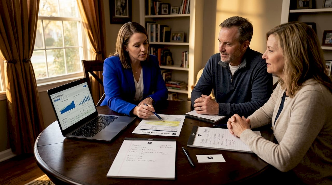 Homeowners and agent discussing pricing strategy
