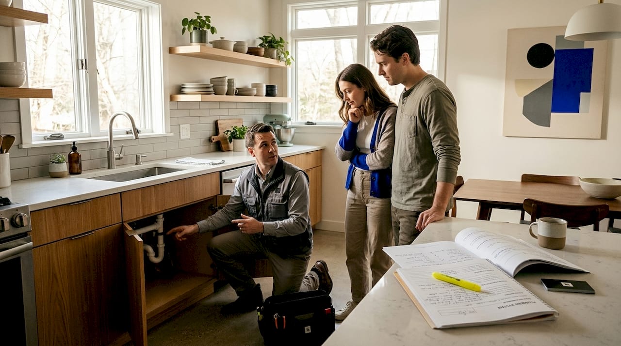 Home buyers listening to inspector in living room