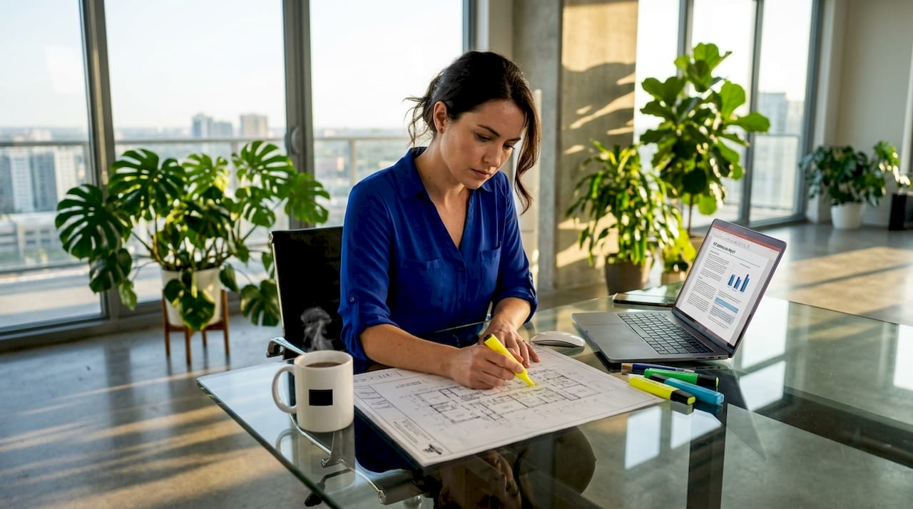 Analyst reviewing commercial property documents
