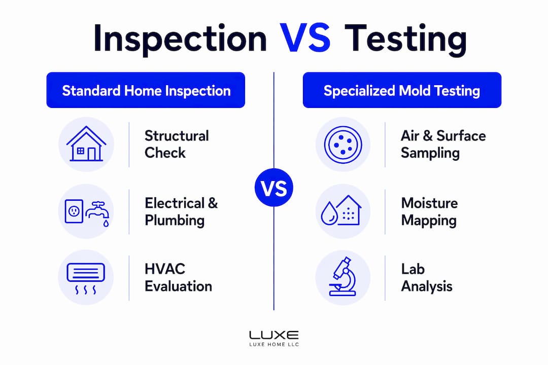 Infographic comparing home inspection with mold testing services