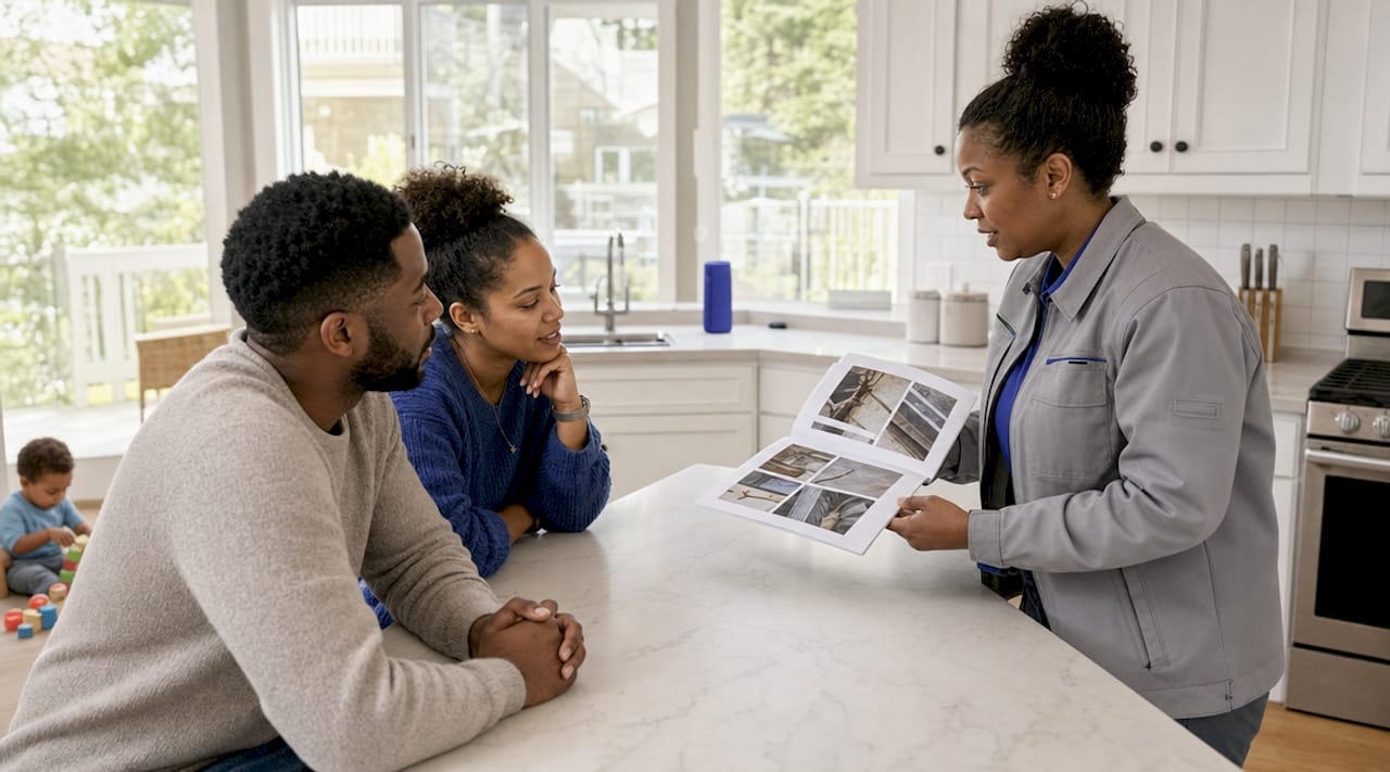 Home inspector explaining sample report to family