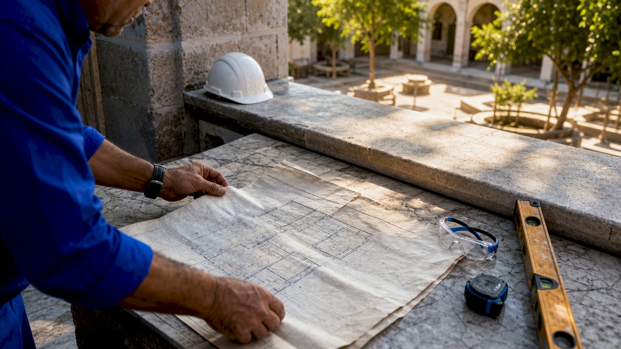 Hands holding blueprint with inspection tools