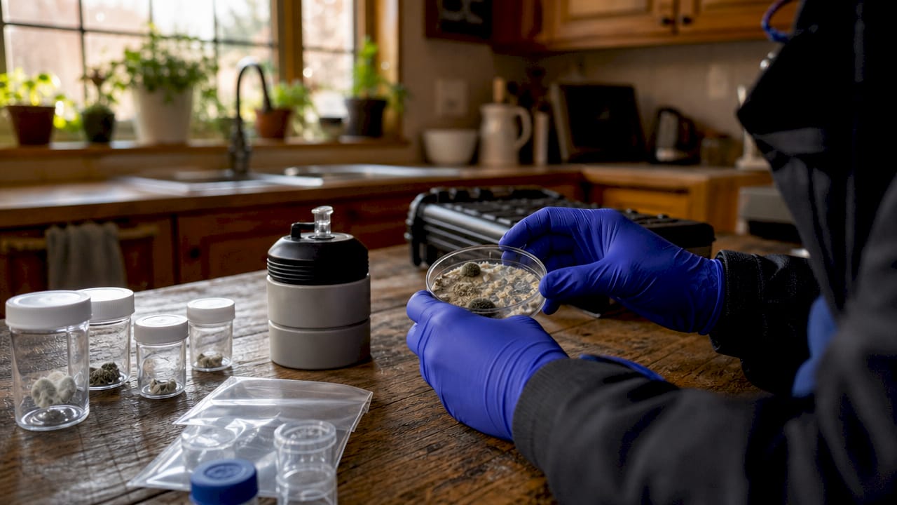 Inspector collecting mold sample in kitchen