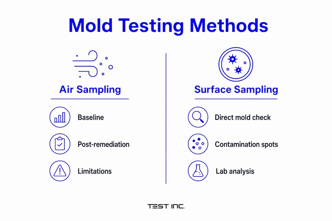 Infographic comparing mold testing methods air and surface