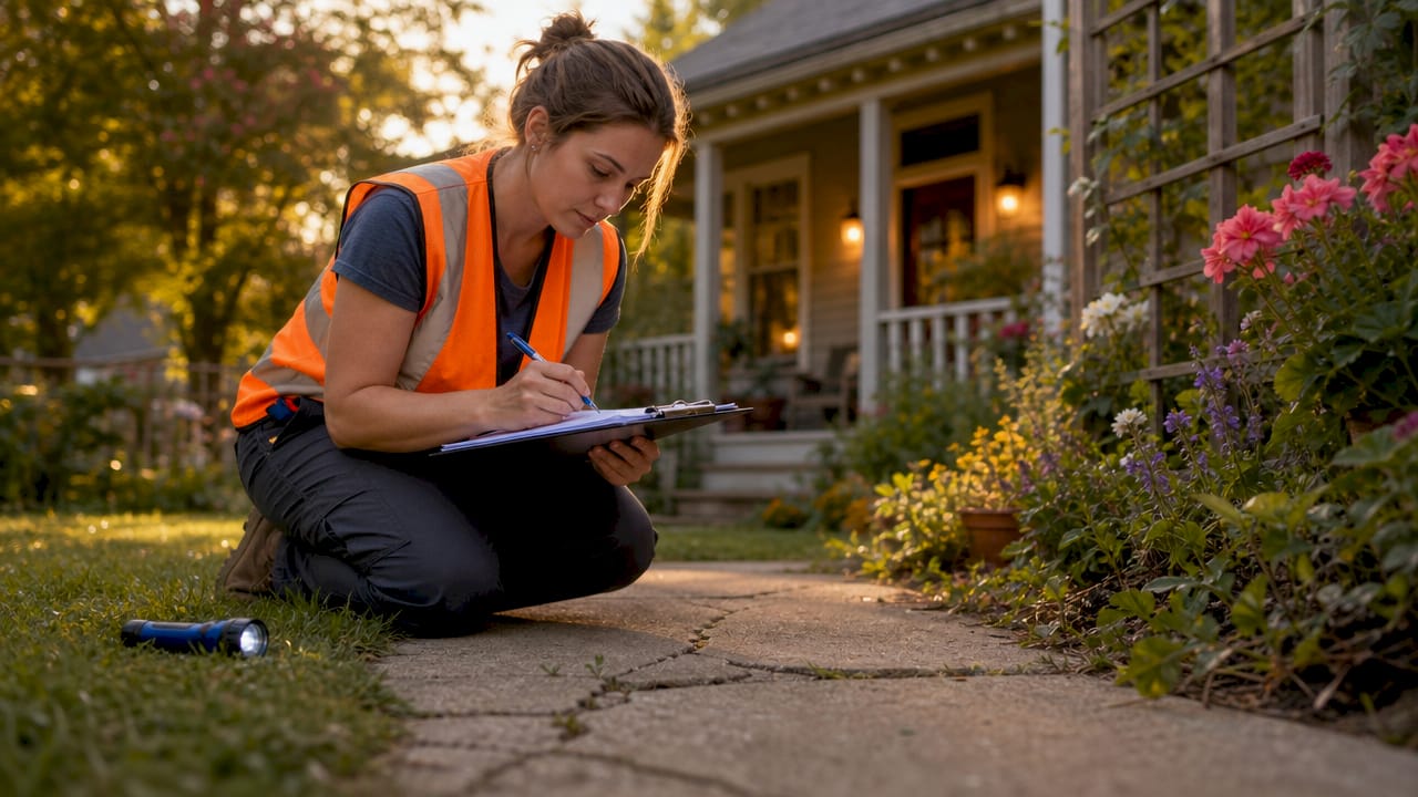 Home inspector noting foundation condition
