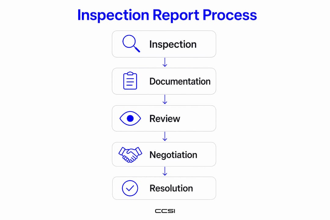 Vertical flow infographic of inspection report process