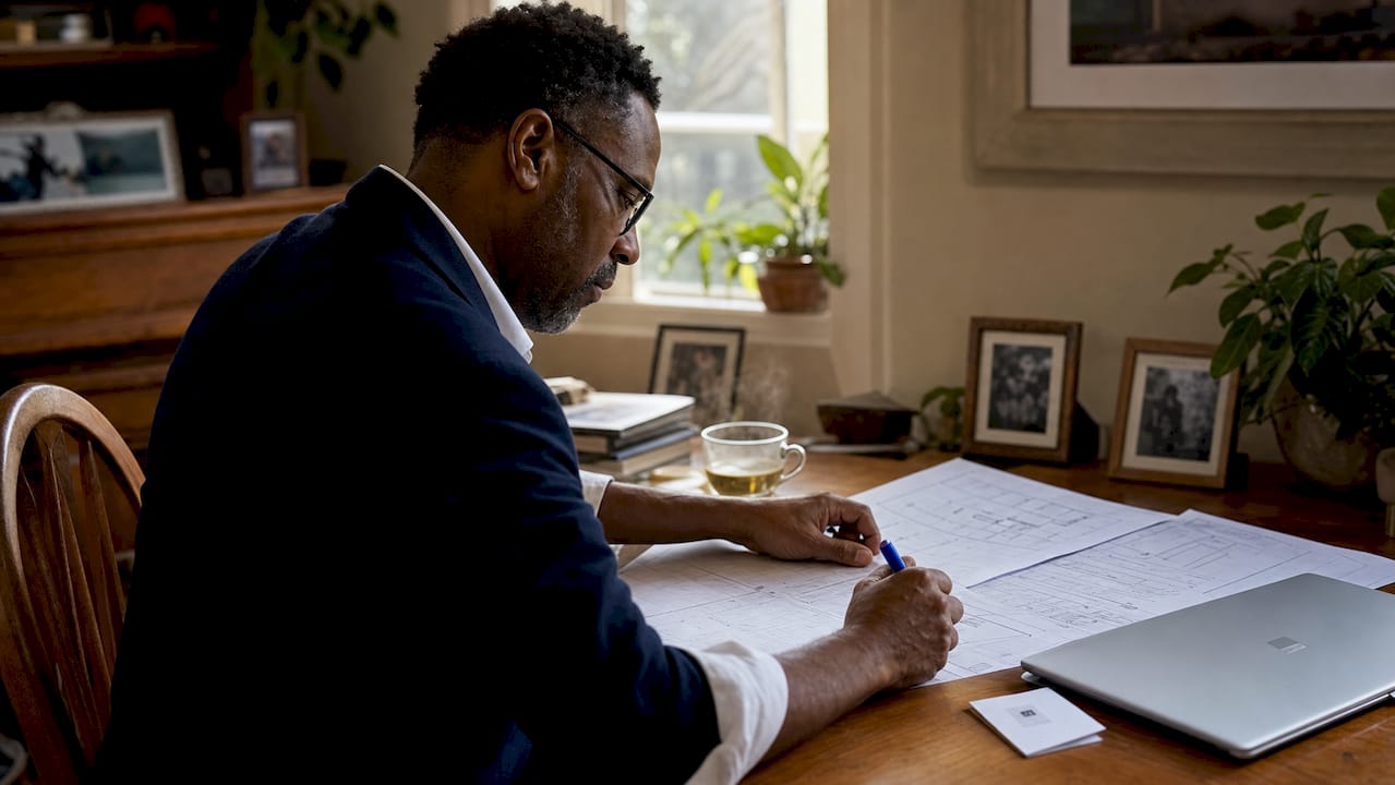 Investor reviewing commercial inspection documents at office