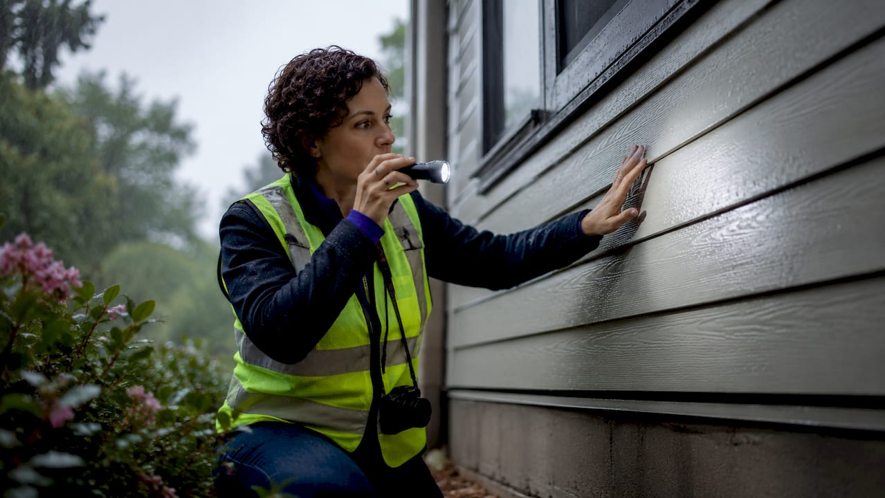 Inspector examining exterior home siding closely