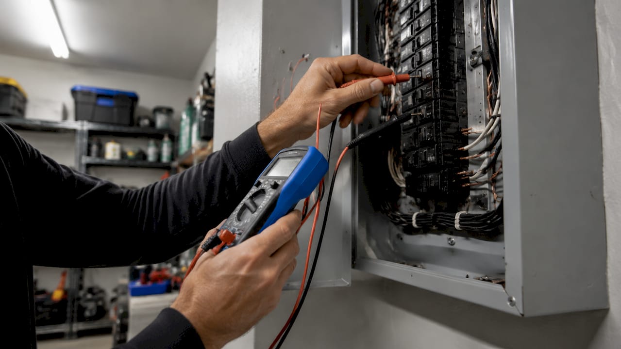 Hands testing breakers inside electrical panel