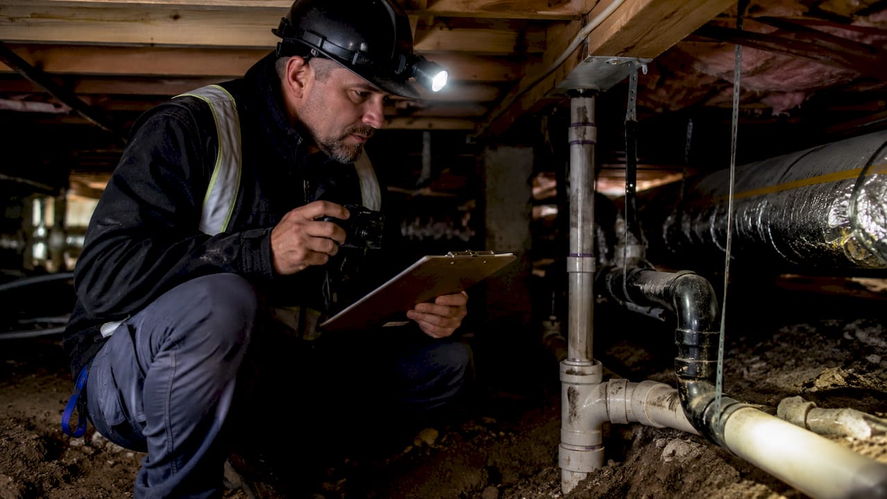Home inspector examining attic wiring and insulation