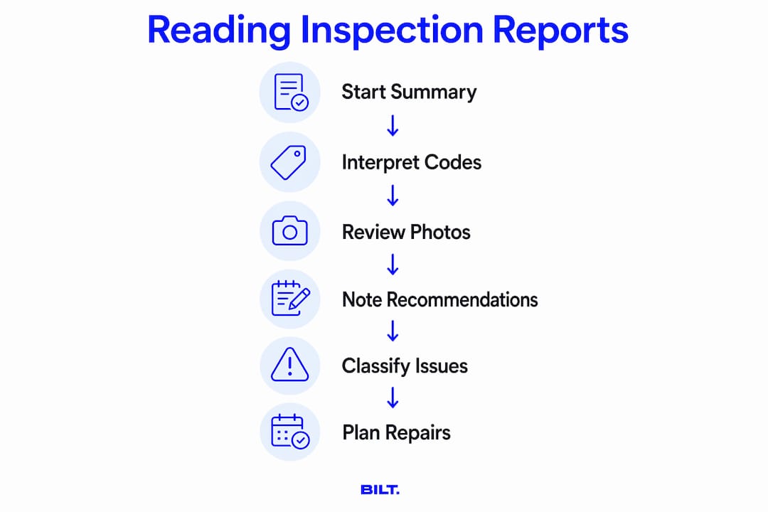 Infographic outlining key steps to read inspection reports