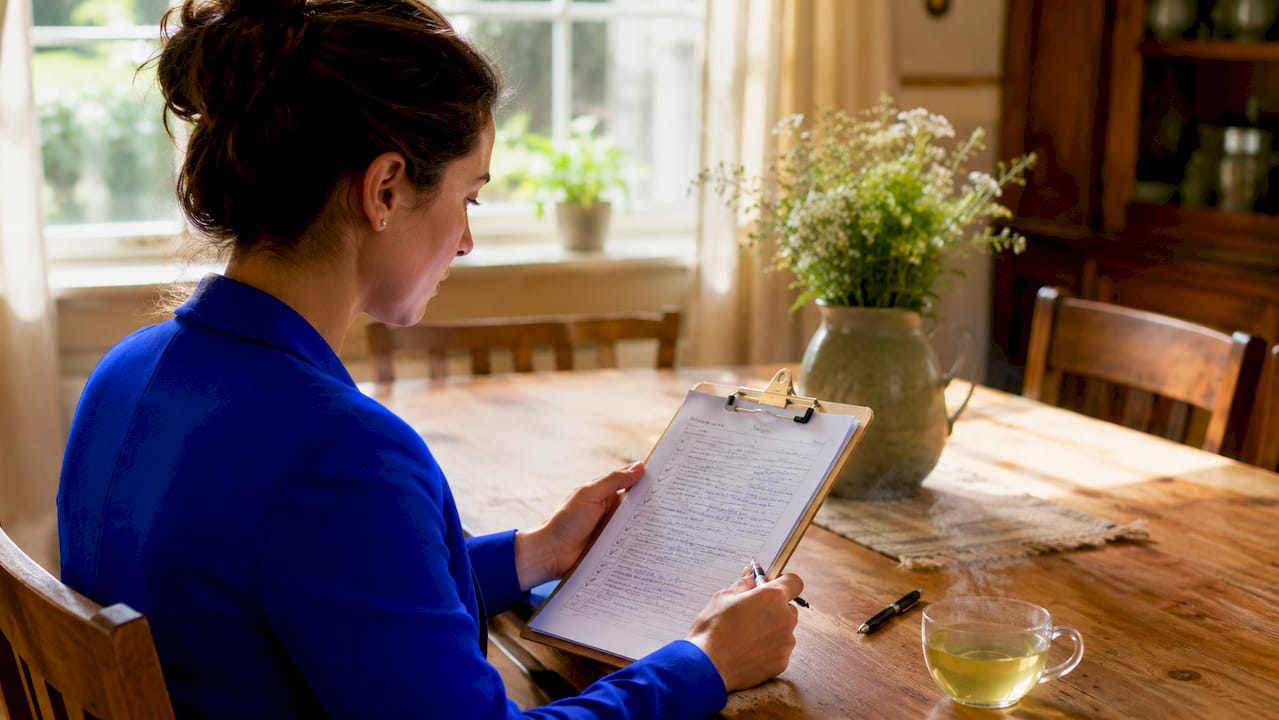 Close-up of hands reviewing property inspection checklist