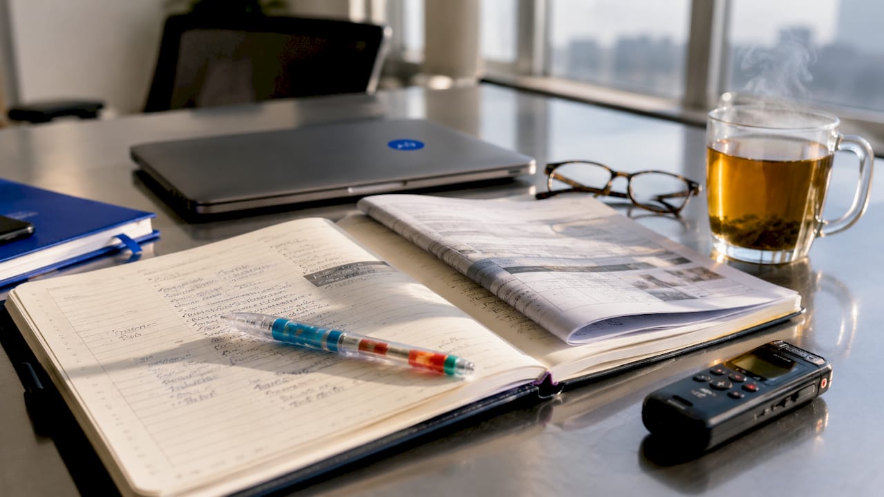 Overhead view of documents and tools for property condition report