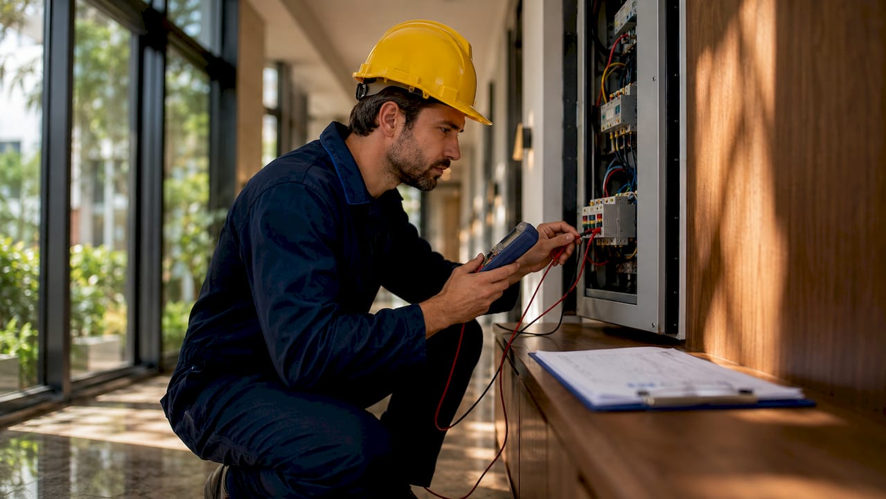 Male inspector testing electrical panel closely