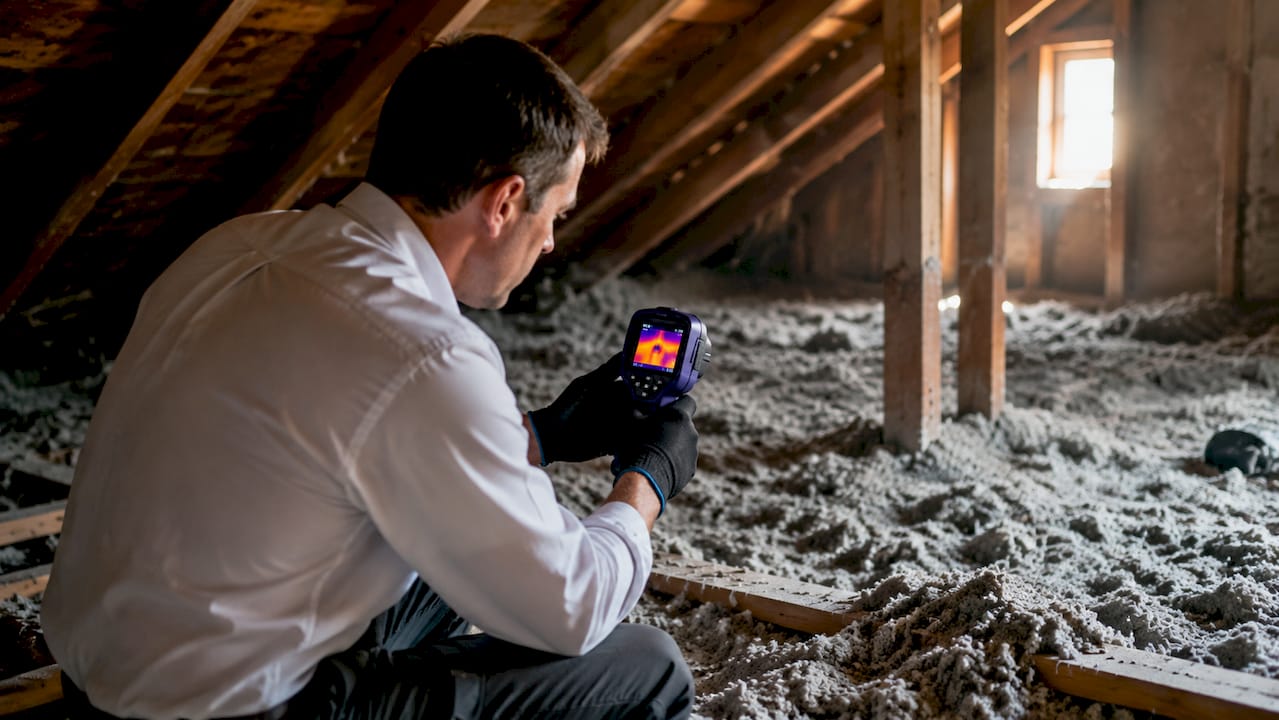 Infrared camera scanning attic insulation for moisture