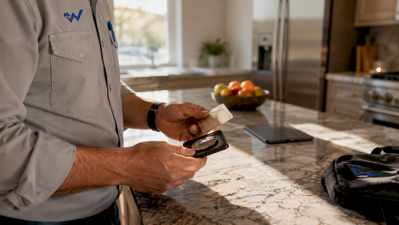 Home inspector holding certification and badge close-up