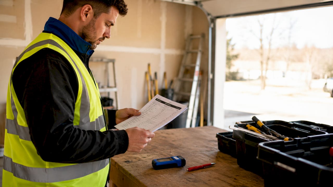 Inspector’s hands with home inspection checklist and tools