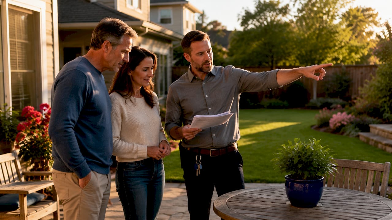 Couple discussing home inspection with agent outdoors