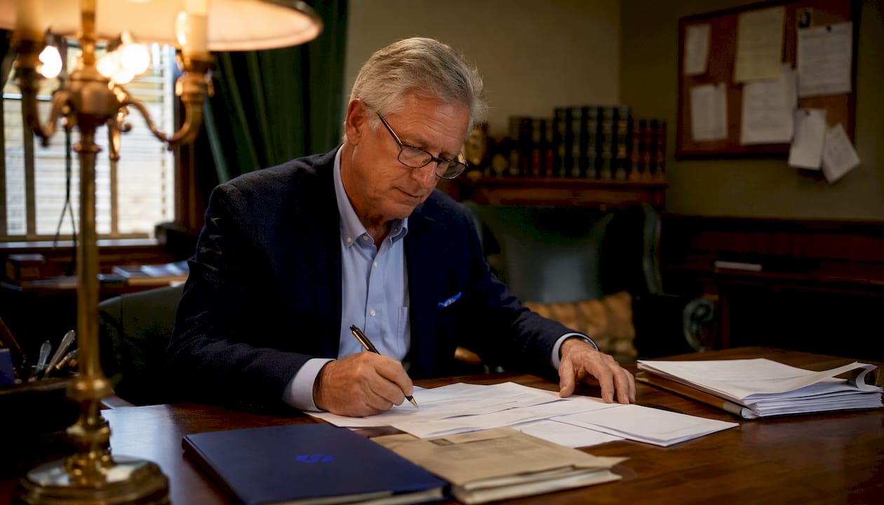 Attorney reviewing title search documents