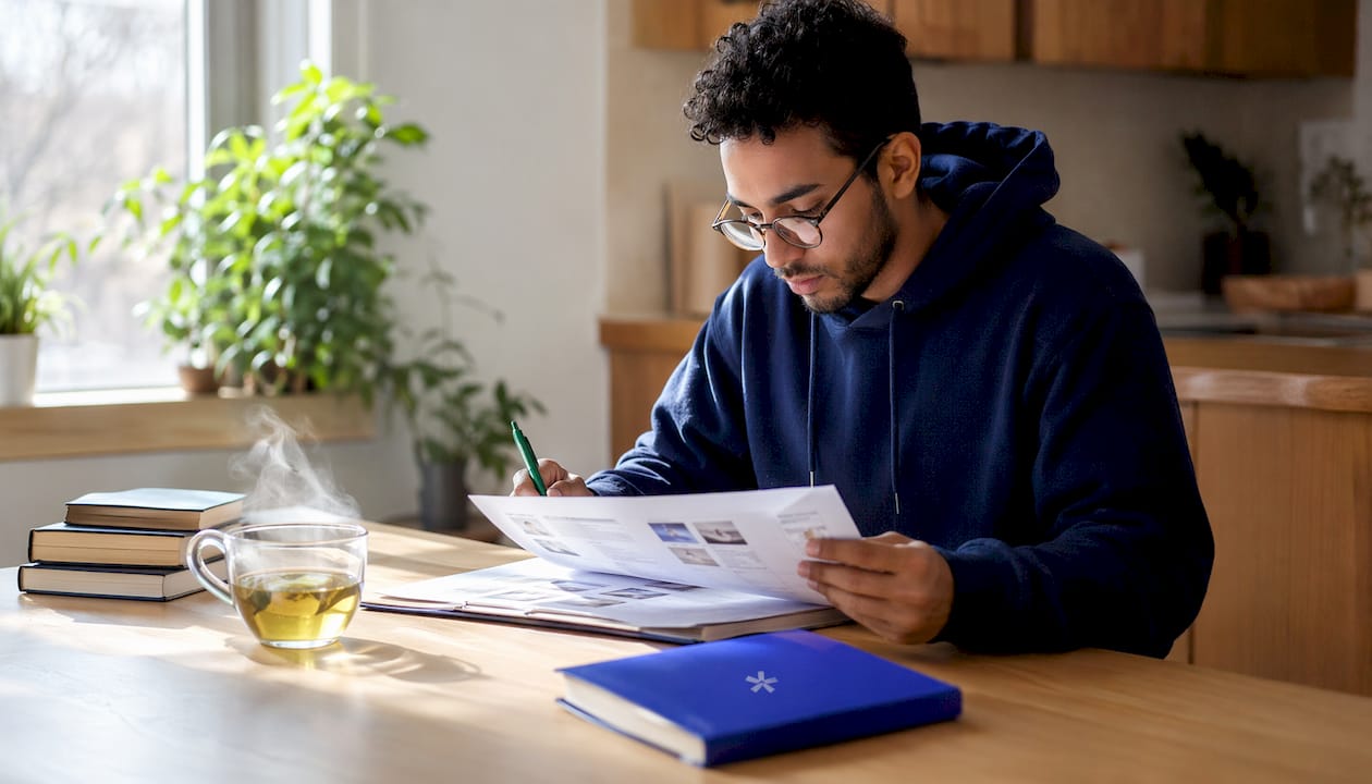 Person reviewing home inspection report at kitchen table