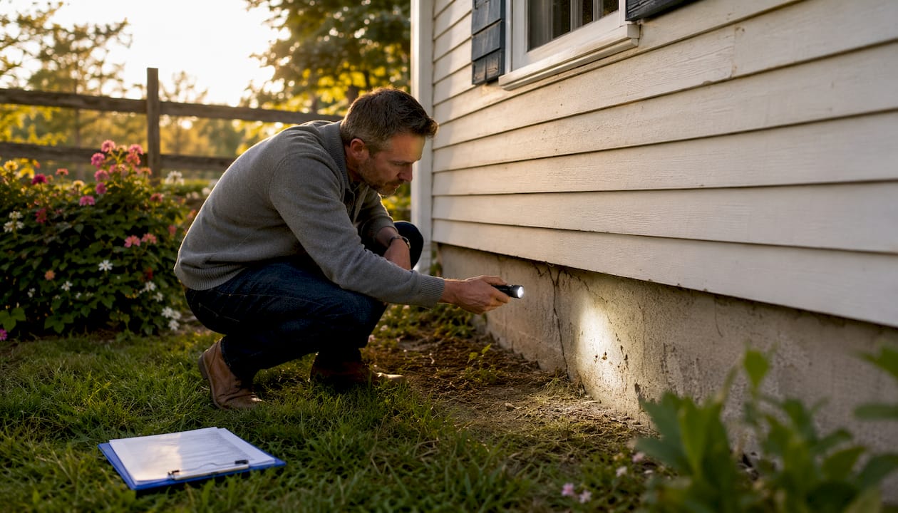 Home inspector checking house foundation with flashlight