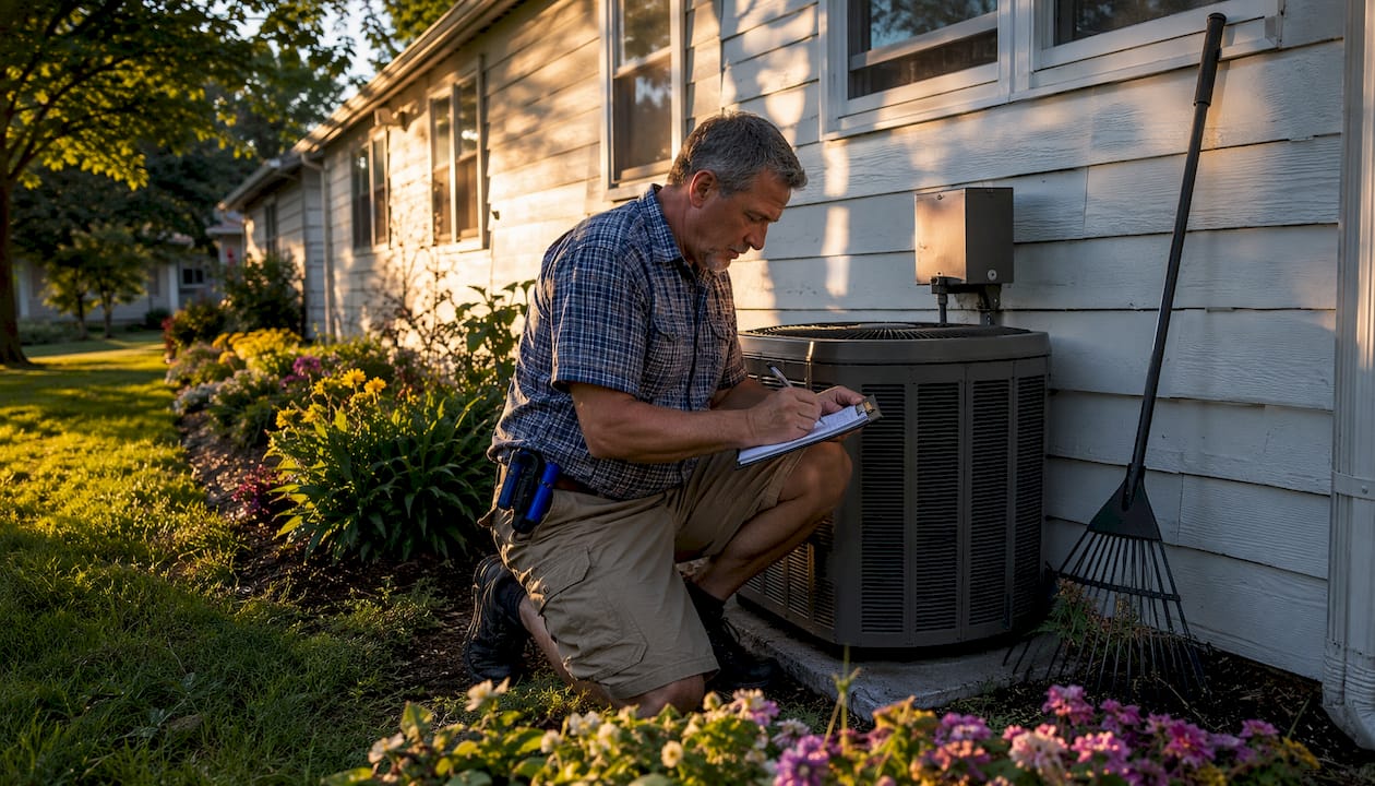 Home inspector inspecting HVAC unit outdoors