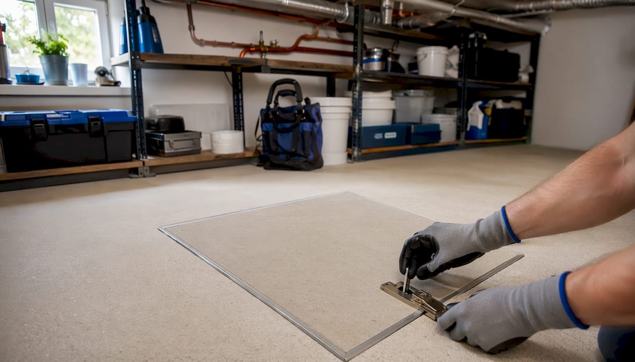 Hands unlocking crawlspace hatch for home inspection