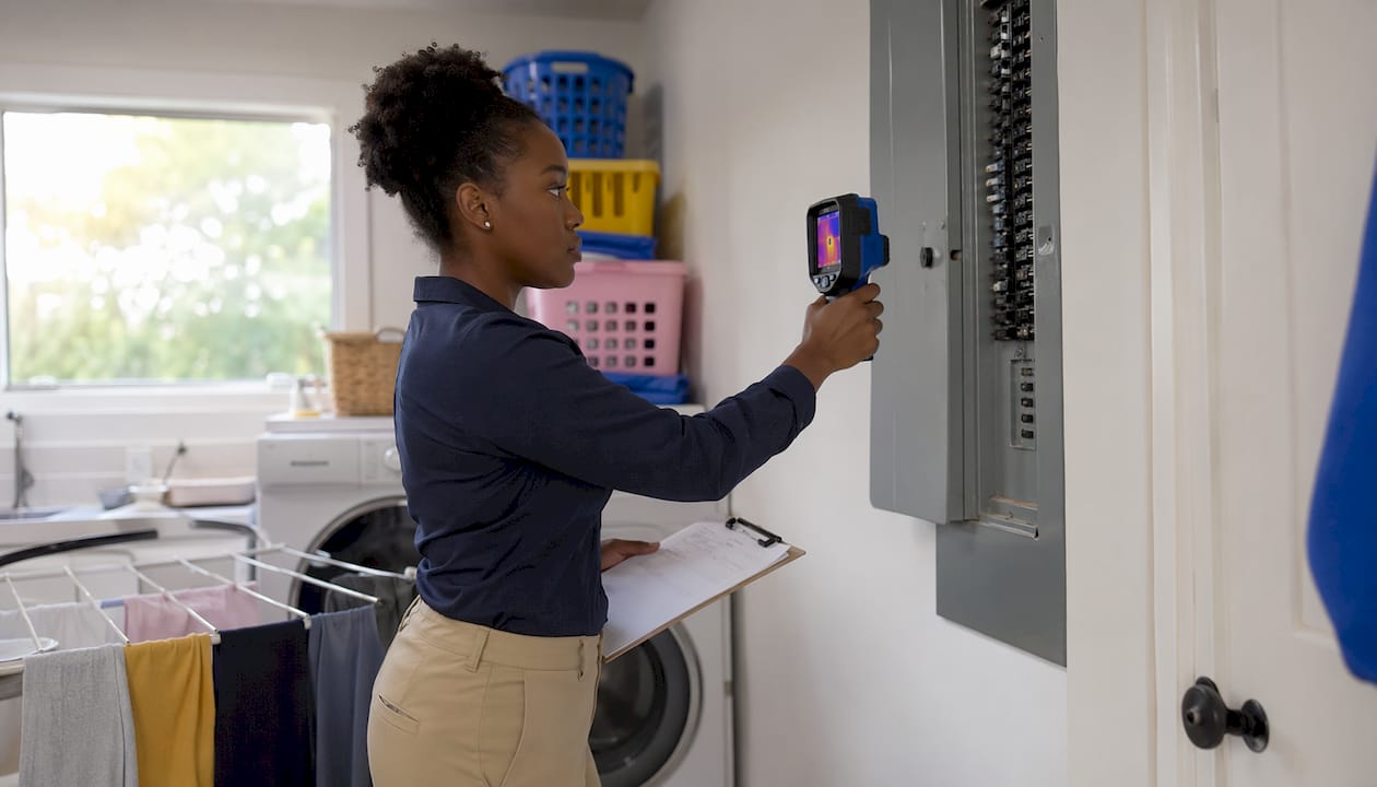 Female inspector testing home's electrical panel