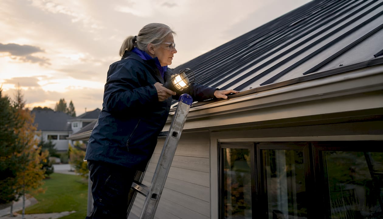 Female inspector inspecting rooftop from ladder