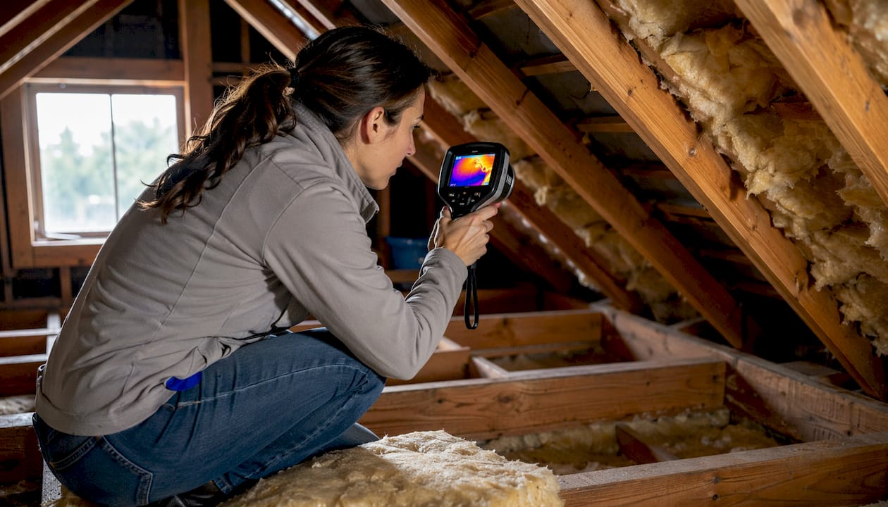 Home inspector scanning attic with thermal camera