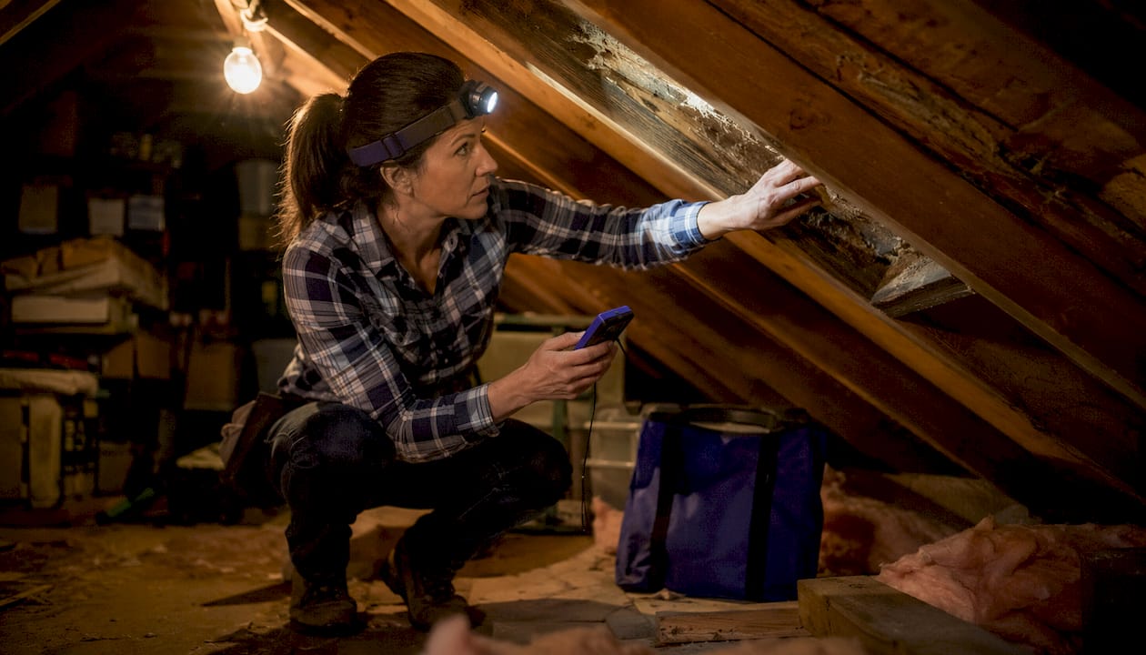 Female inspector examining attic structure with headlamp