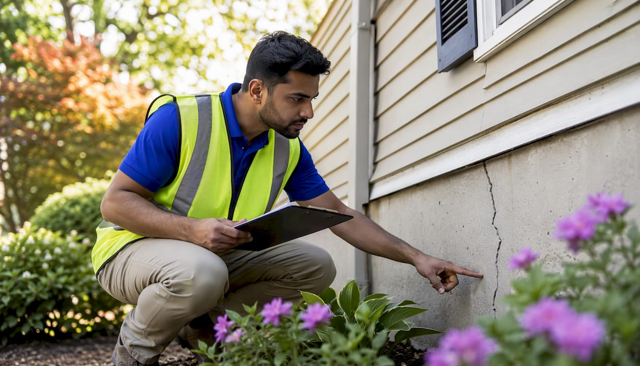 Home inspector examining house foundation