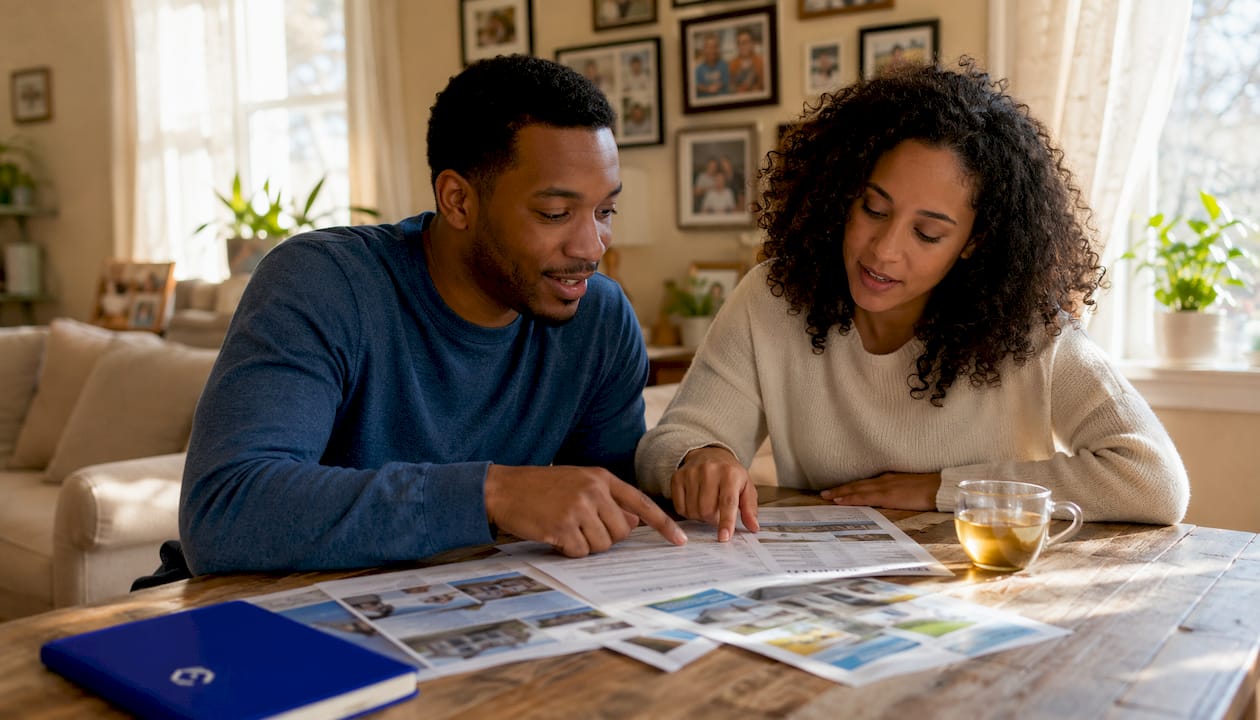 Couple reviewing home inspection add-ons paperwork