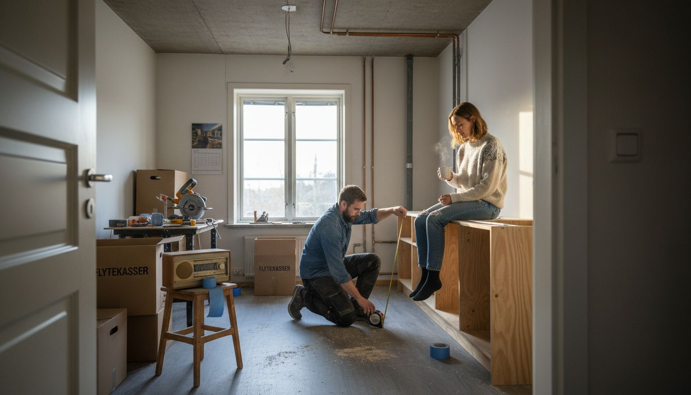 Huseier og snekker går gjennom planene for oppussing av kjøkkenet.