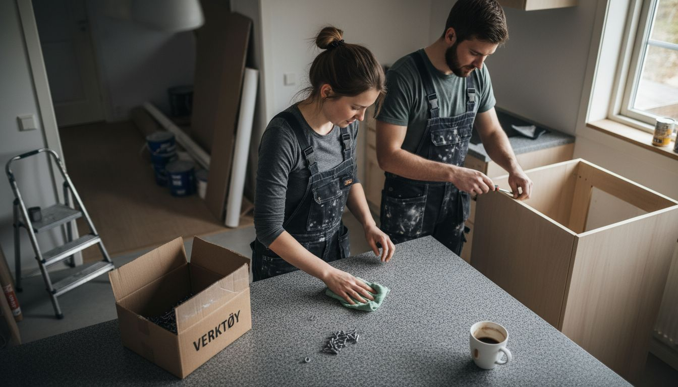 En familie er i gang med å pusse opp kjøkkenet hjemme.