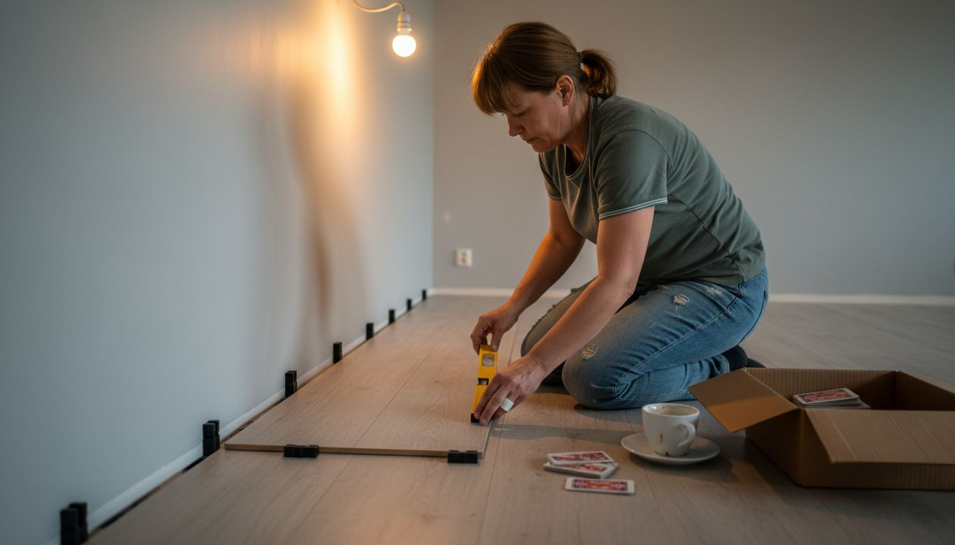 En kvinne sjekker at gulvet ligger rett med et vater under leggingen.