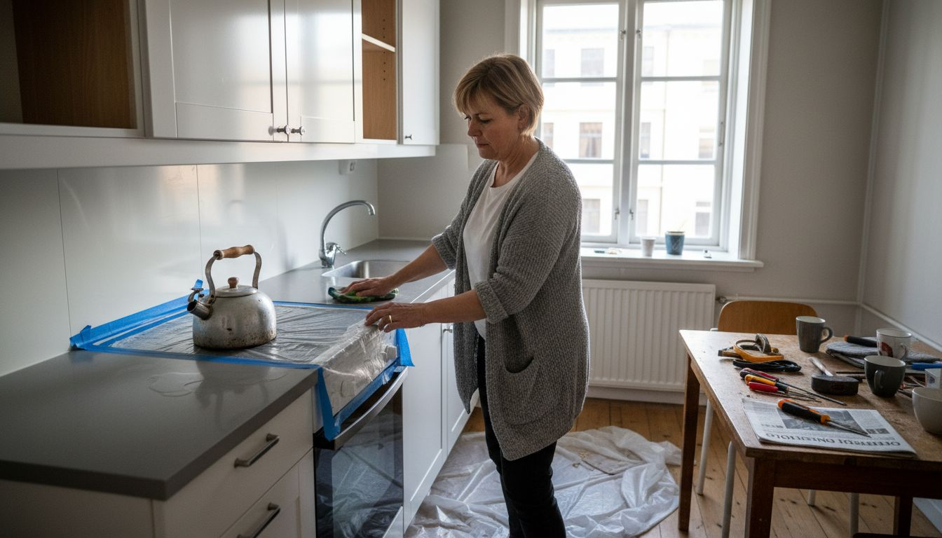 En kvinne rydder og vasker kjøkkenet etter at oppussingen er ferdig.