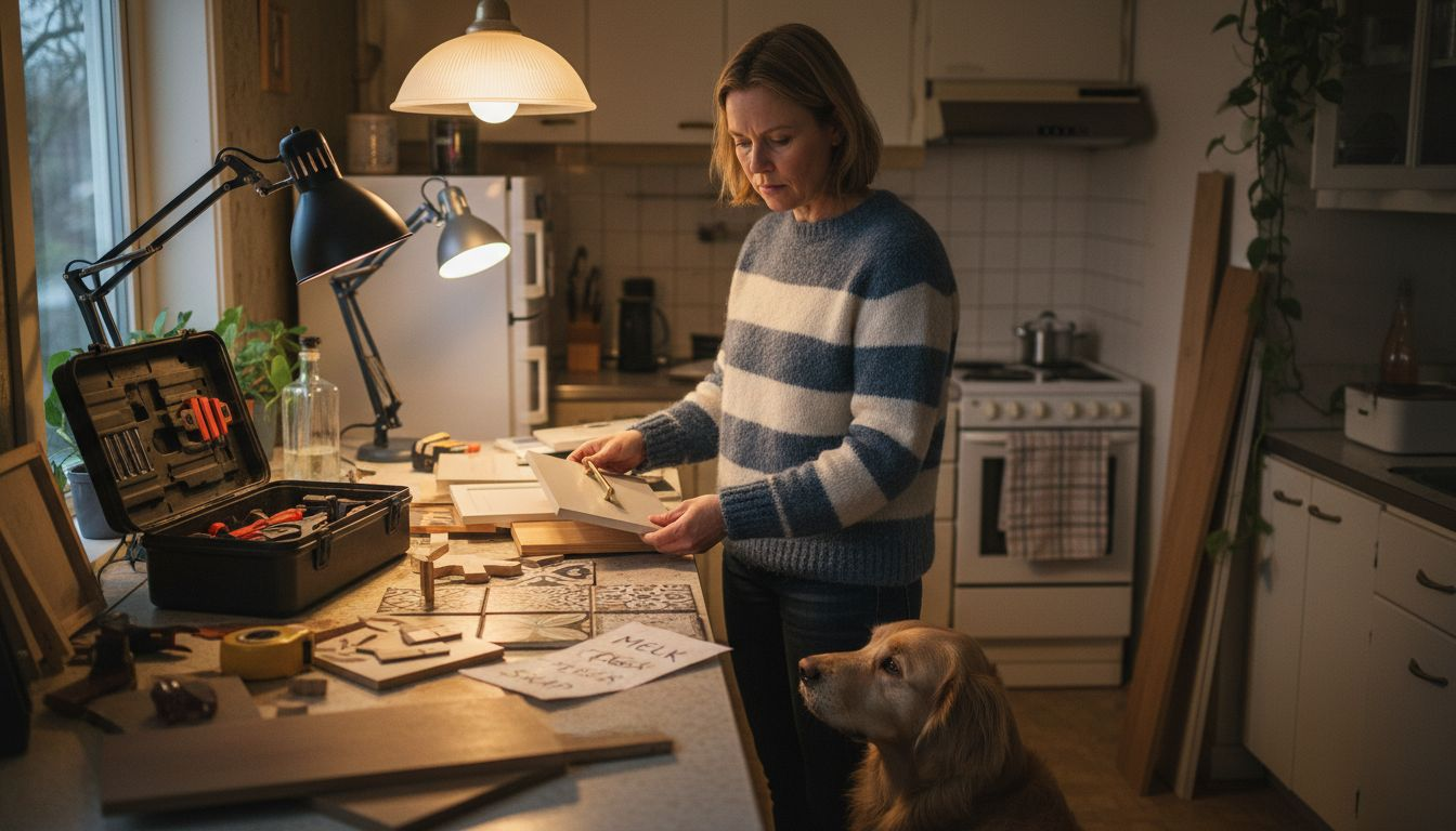 Kvinne som vurderer ulike materialprøver til kjøkkenet