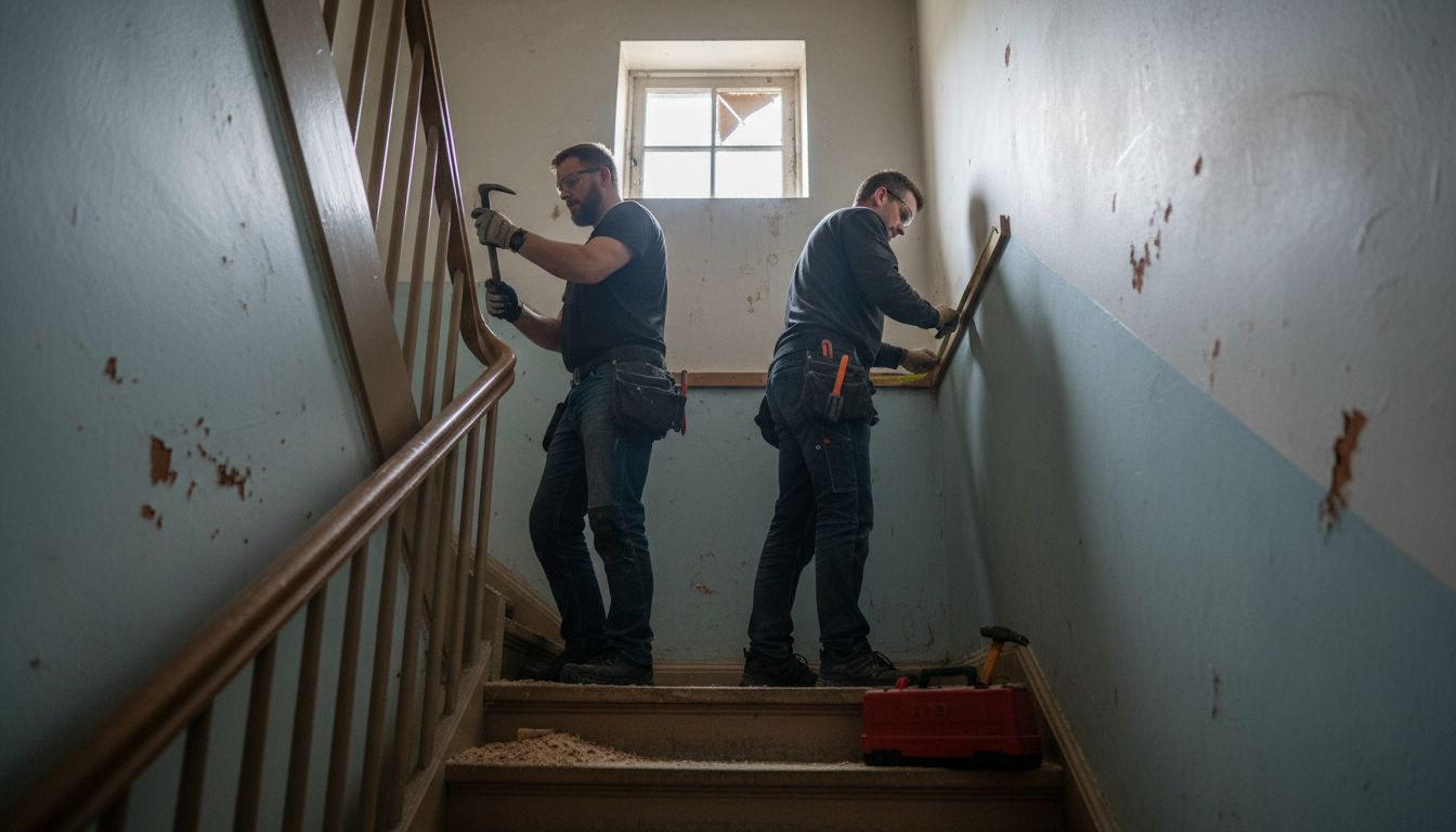 Erfarne tømrere pusser opp en eldre trappeoppgang og gir den nytt liv.