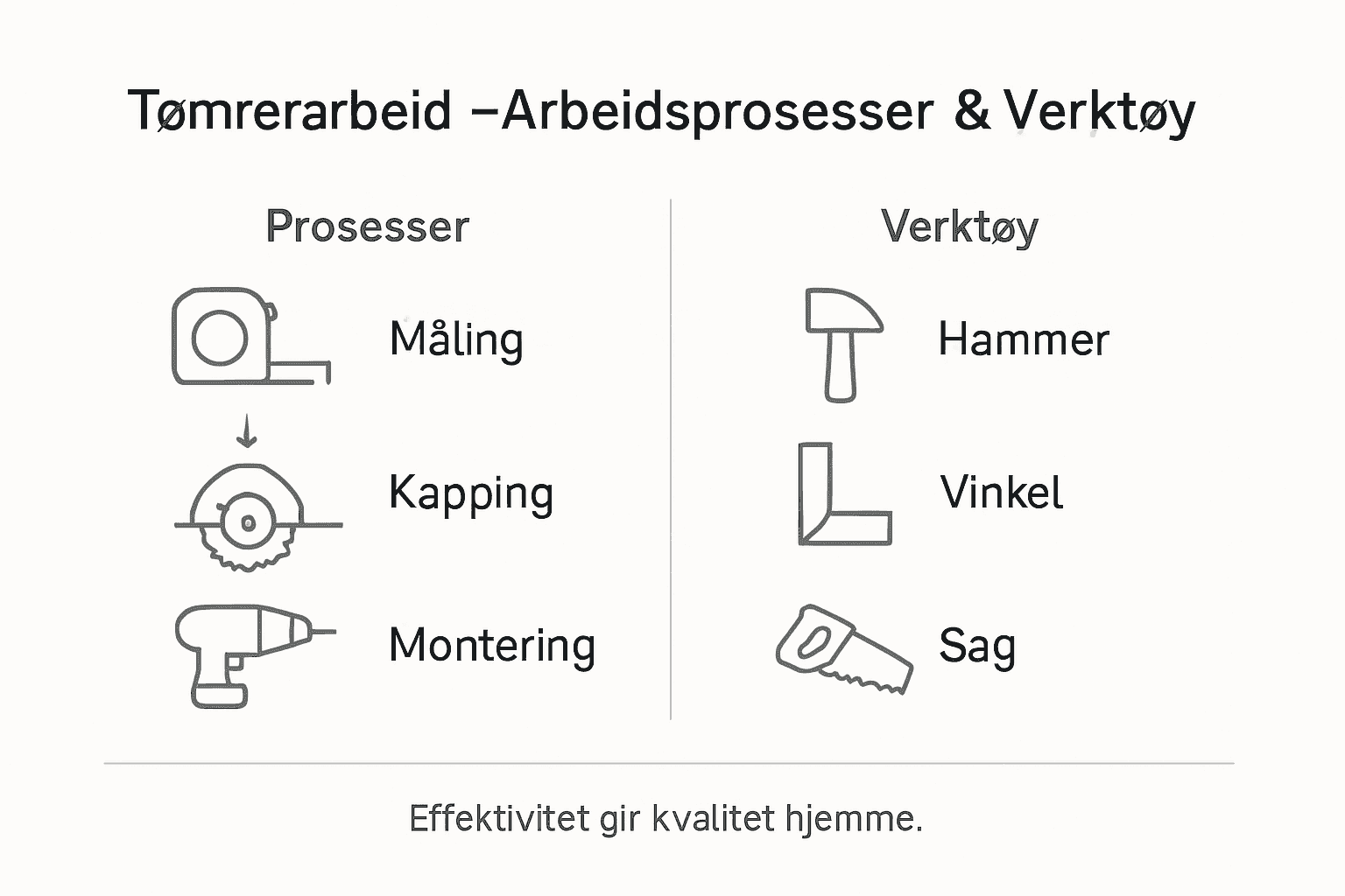 Visuell guide til tømrerens viktigste verktøy og arbeidsmetoder