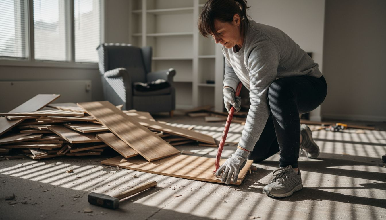 Kvinne som løsner et laminatgulv med brekkjern