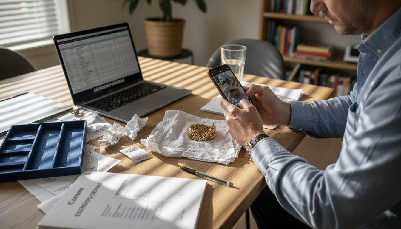 En mann tar bilder av smykker og forsikringspapirer for å dokumentere verdiene sine.
