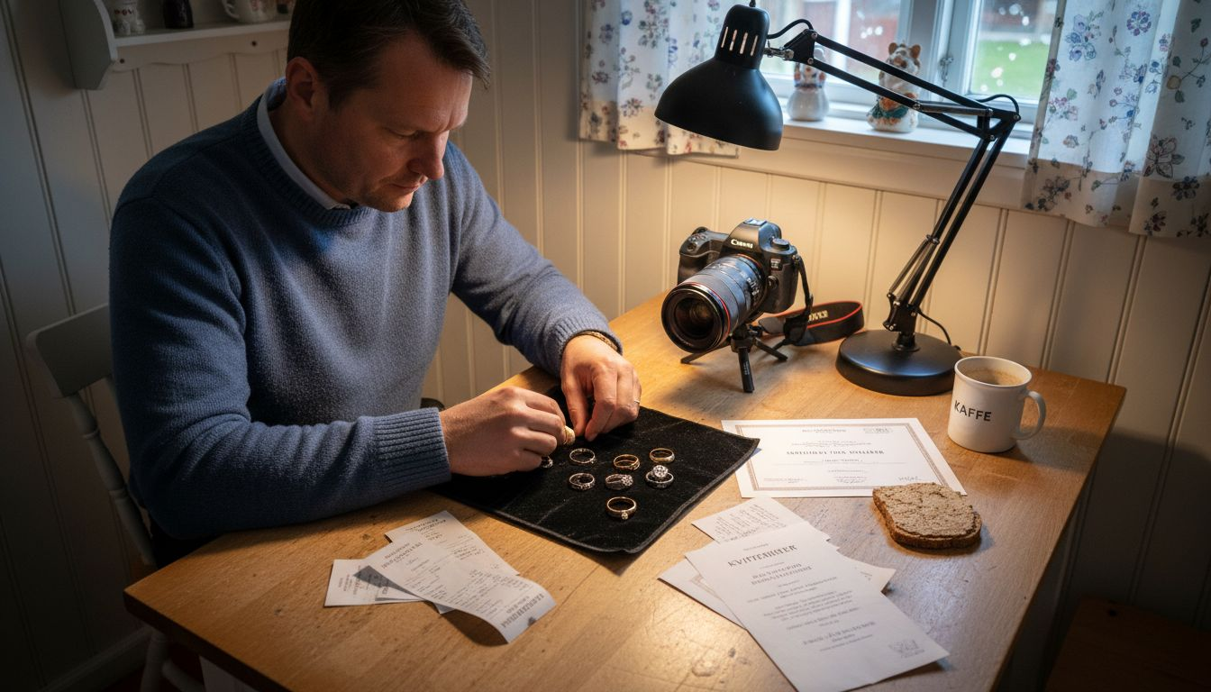 En mann tar bilder av smykkene sine for å dokumentere dem til forsikringen.
