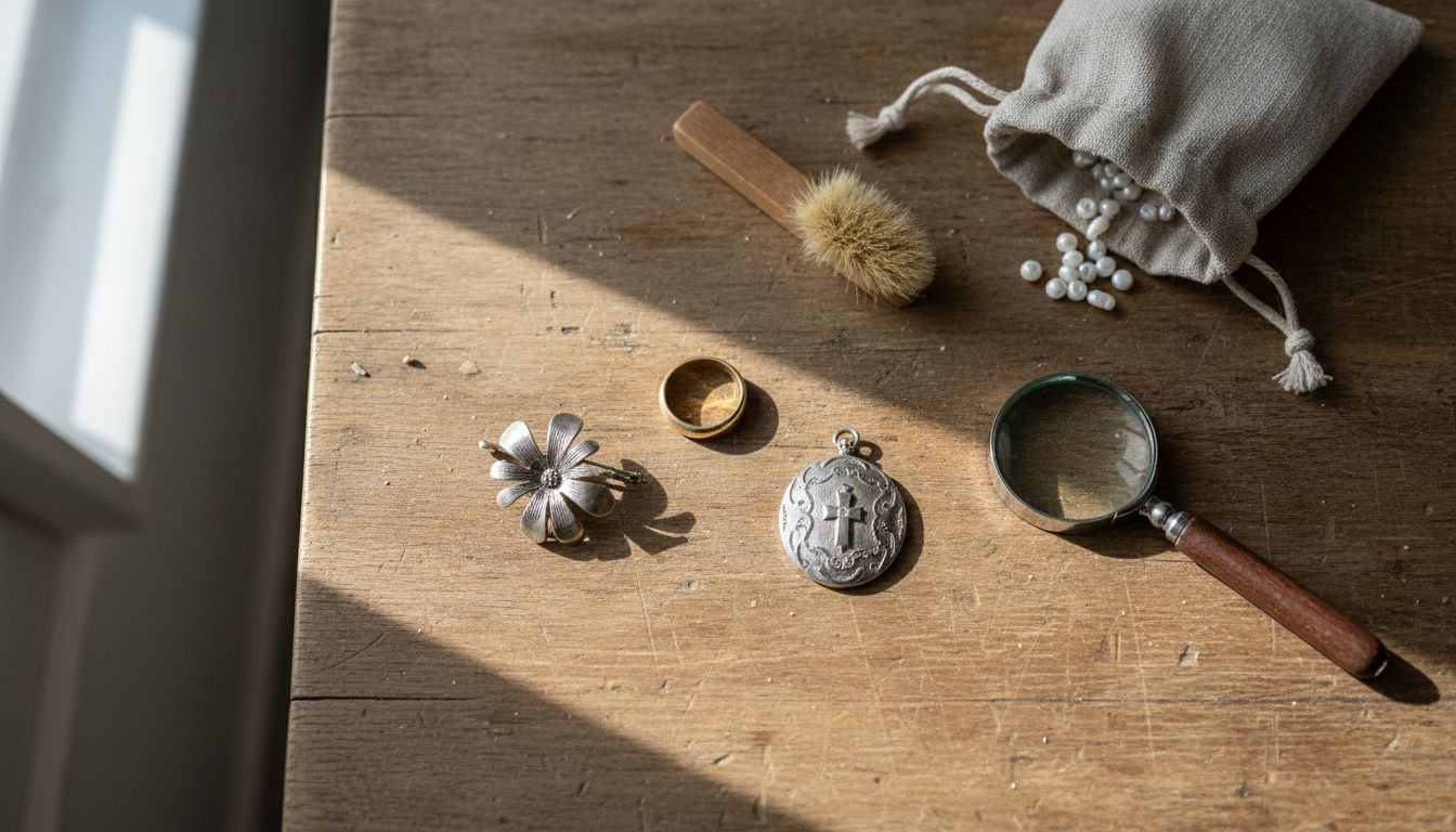 Tre ulike smykker ligger spredt utover et gammelt, velbrukt trebord.