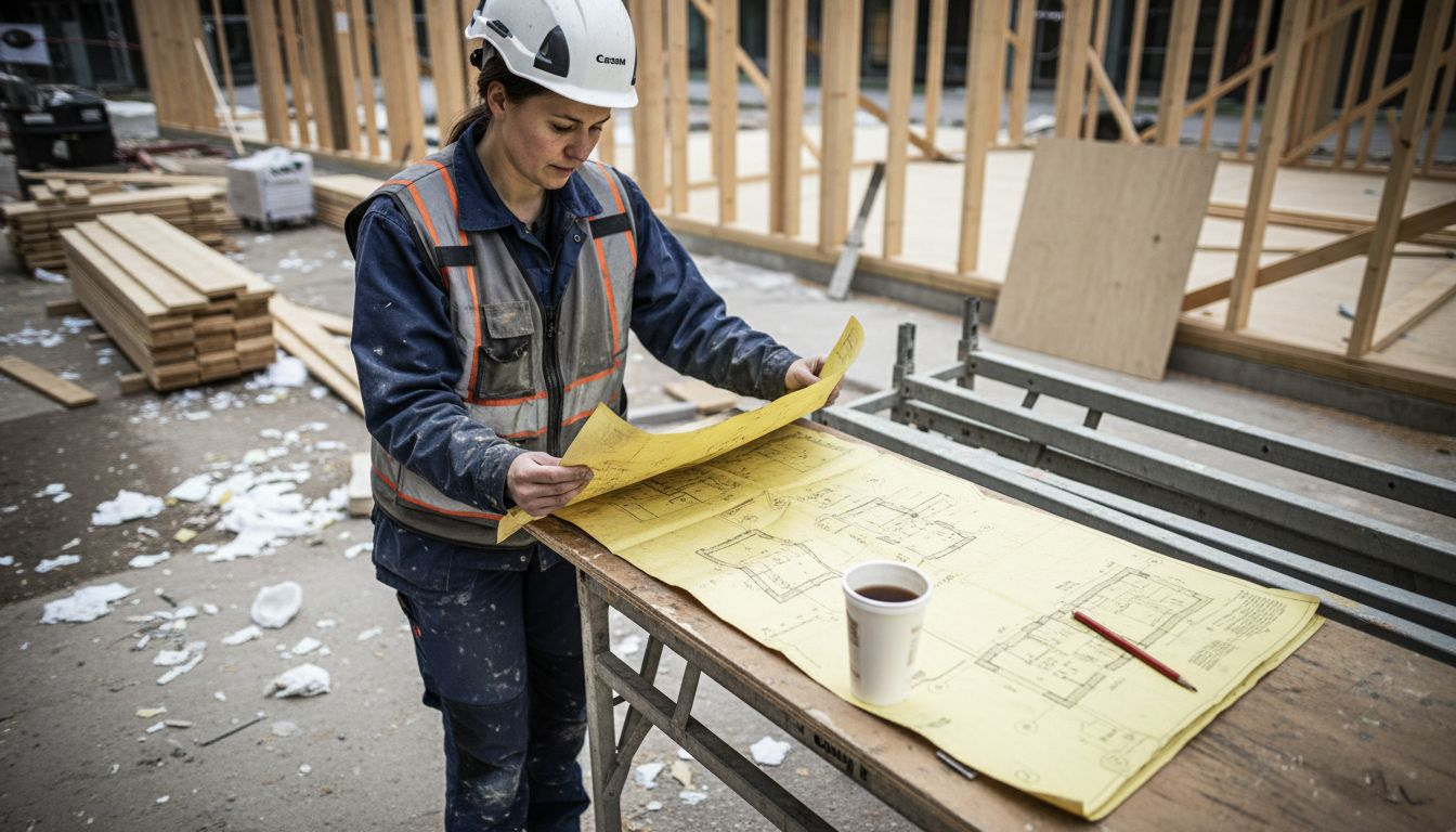 Snekkeren ser over tegningene ute på byggeplassen.