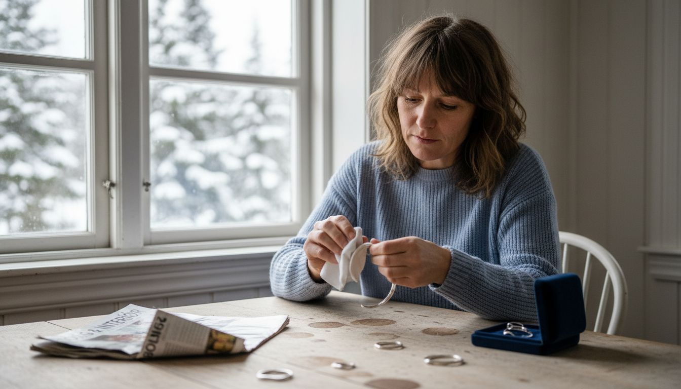 En kvinne sitter ved vinduet og pusser et sølvsmykke.