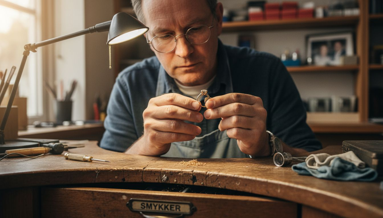 En gullsmed gransker en diamantring nøye ved arbeidsbenken.