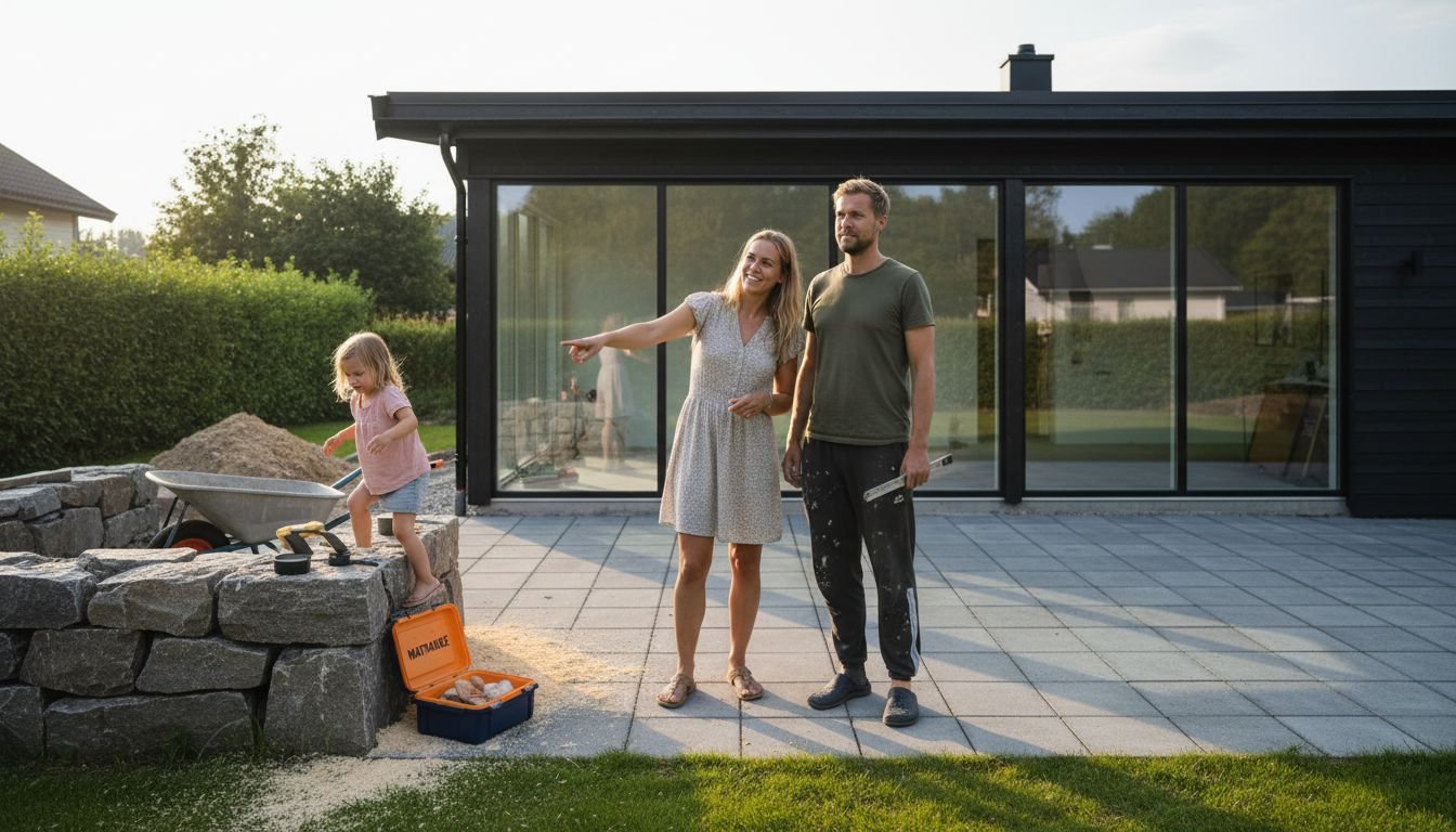 Familien stårtrukket sammen og beundrer det nye påbygget på huset.
