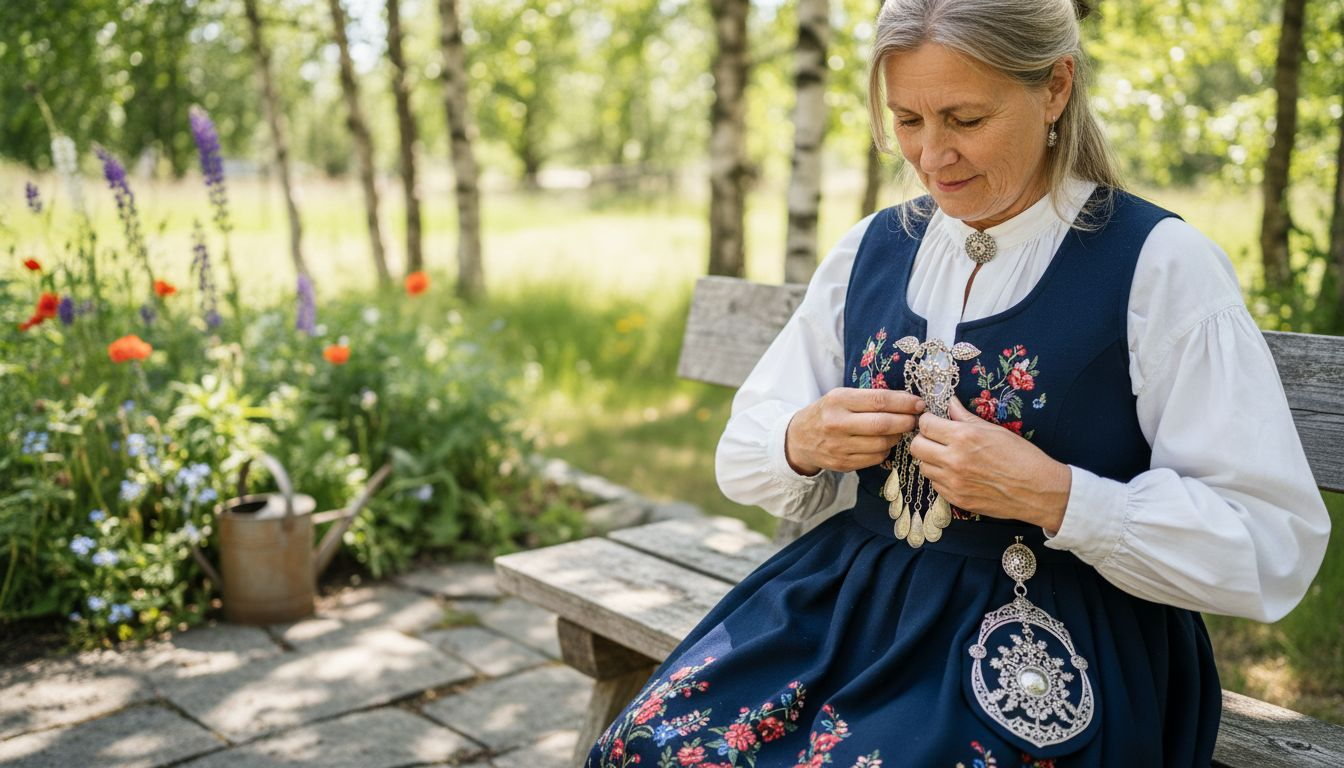 En kvinne fester en sølje til bunaden sin.