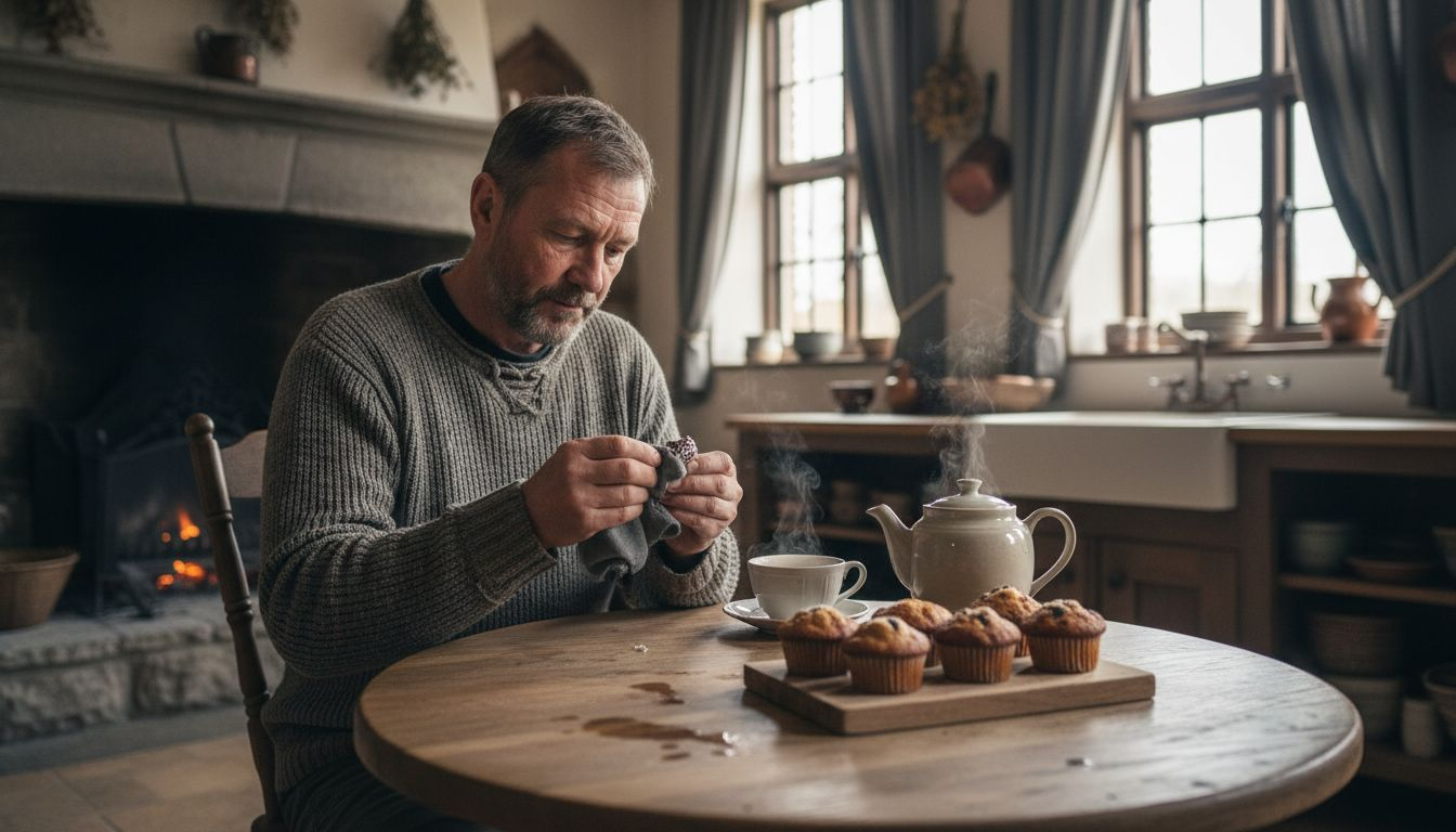 En mann pusser en ring mens han sitter ved kjøkkenbordet.